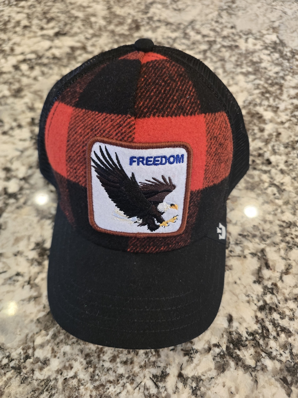 Goorin Bros Red & Black Plaid Eagle Patch Trucker Hat